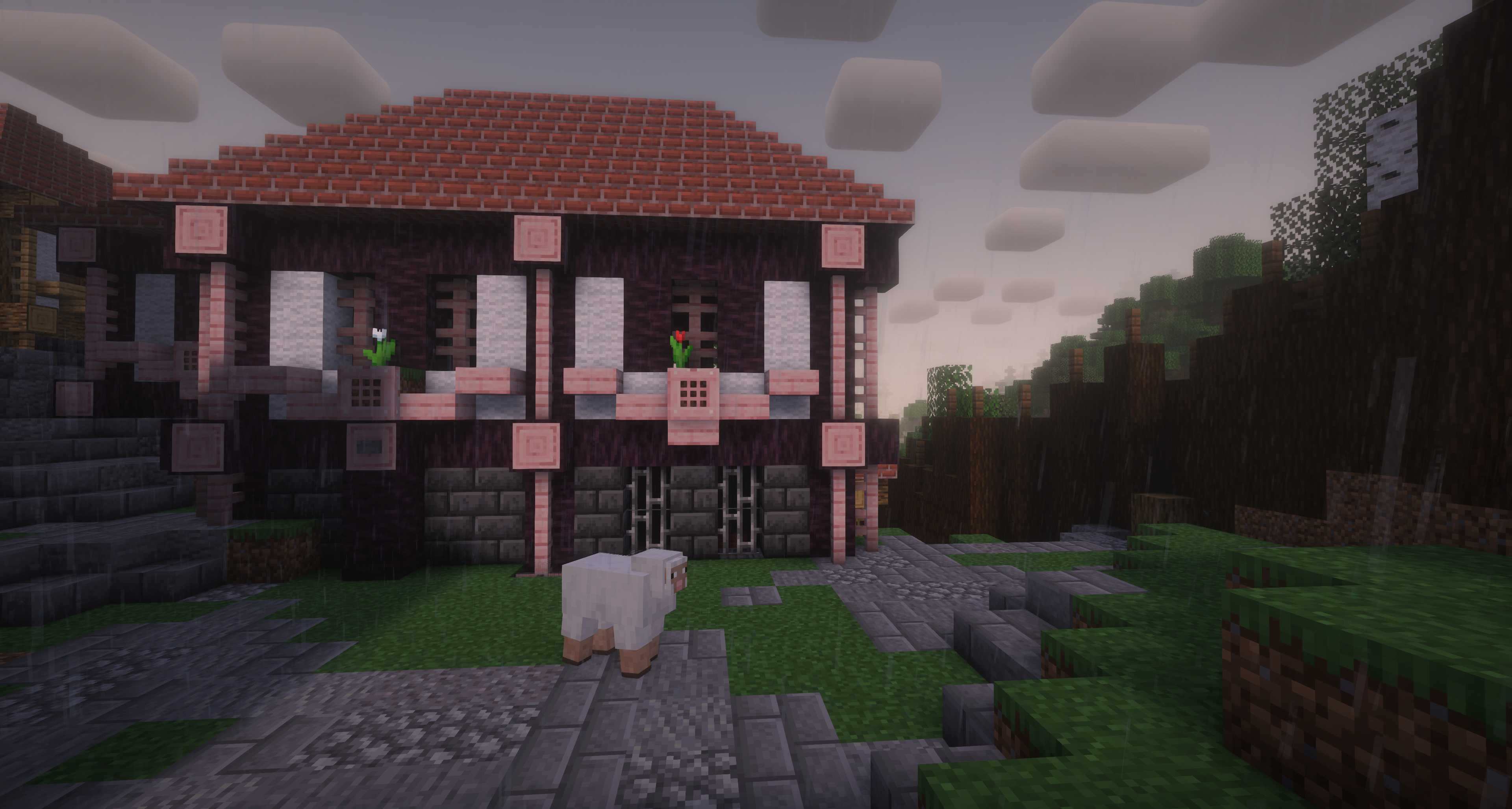 A cherry blossom biome settlement generated by Tome, featuring buildings made from cherry wood.