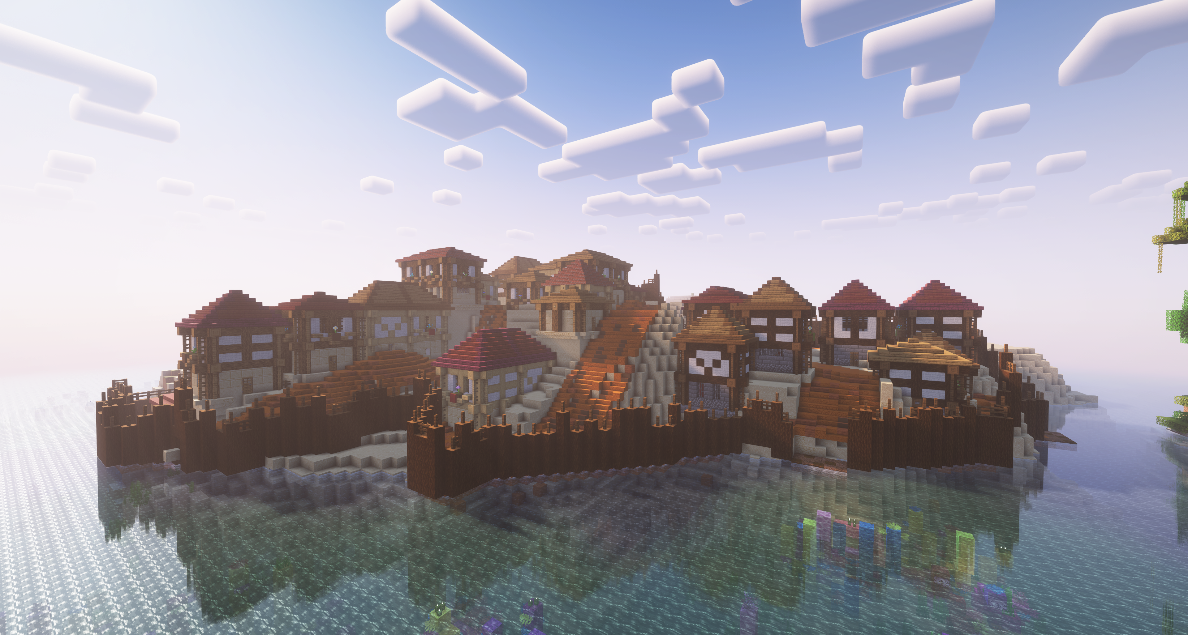 The pirate cove settlement, generated on an island.